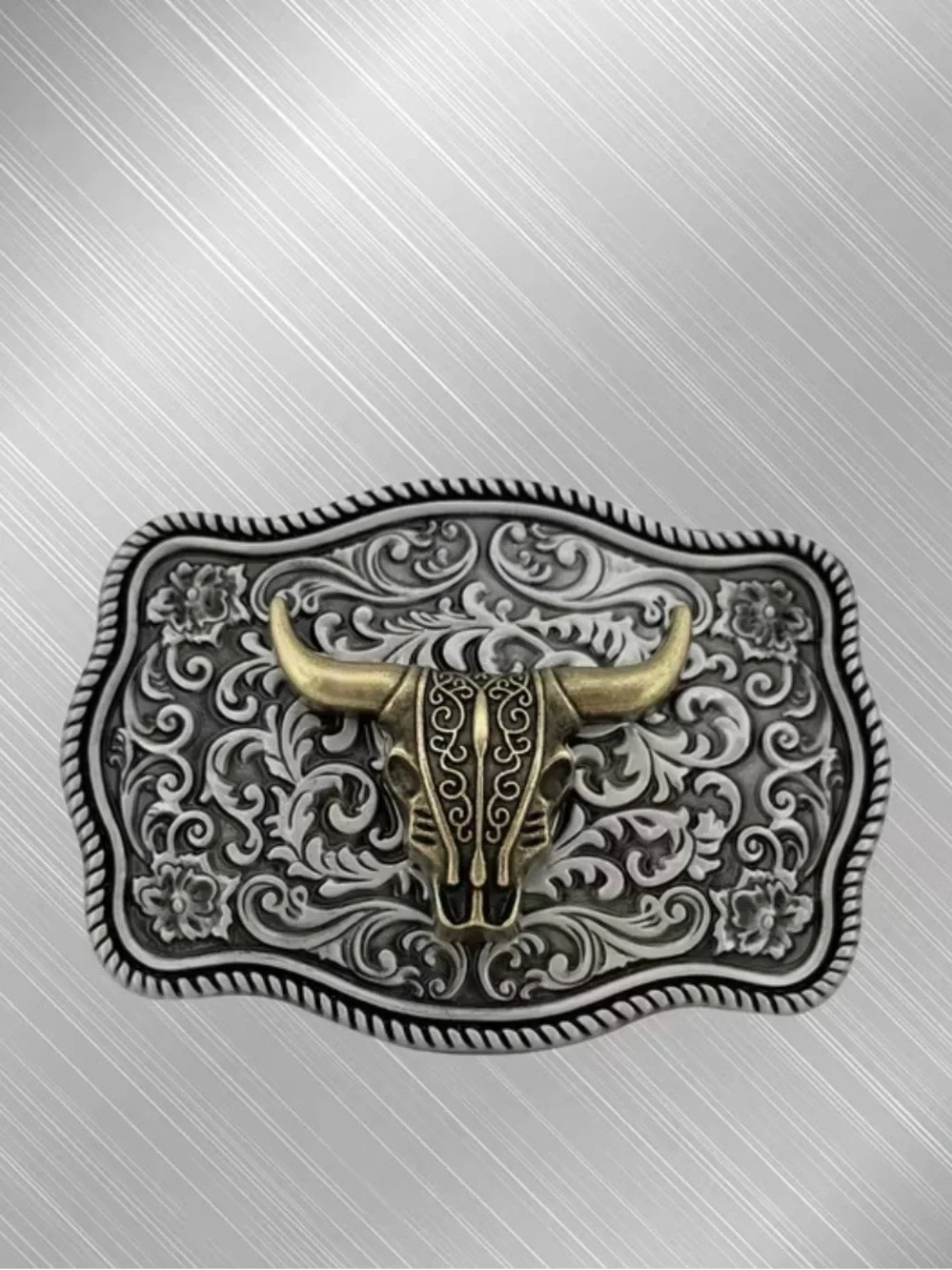Western Belt Buckle Decorative Bull Skull in Antique Gold and Silver